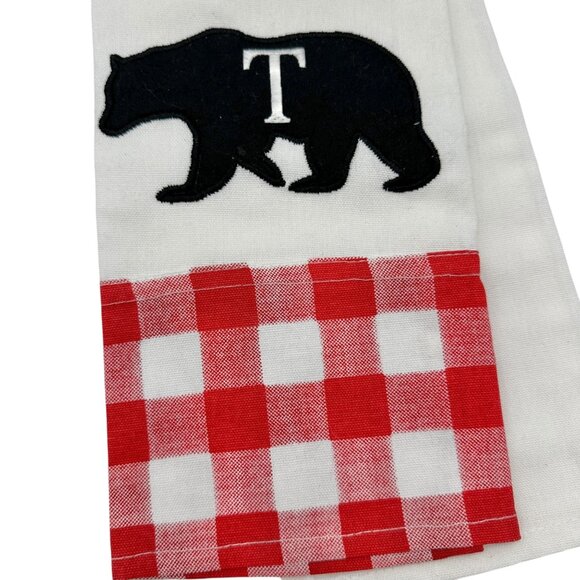 Bear Applique Kitchen Towel Red White Plaid Trim Embroidered T Initial 28x18 - Picture 2 of 7